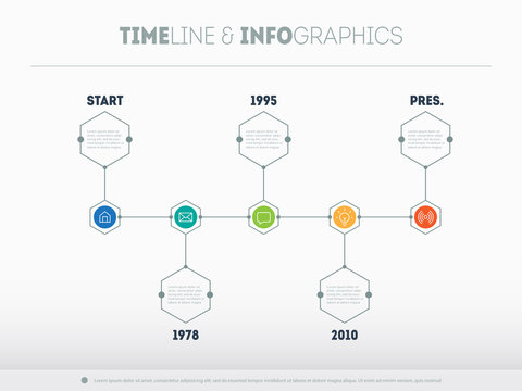 Timeline infographic with icons and buttoms. Vector time line.