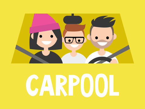 Carpool. Taxi service. Driver and passengers sitting in the car. Close up view / flat editable vector illustration, clip art