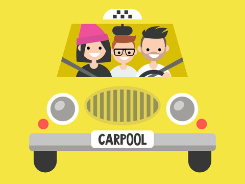 Carpool. Taxi service. Driver and passengers / flat editable vector illustration, clip art