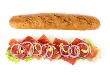 Opened baguette sandwich with ham