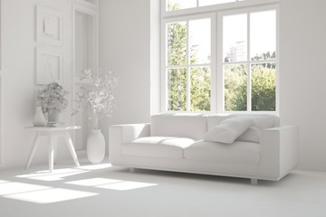 Idea of white room with sofa and summer landscape in window. Scandinavian interior design. 3D illustration