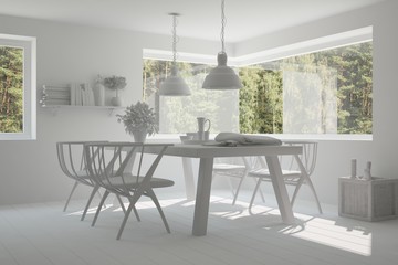 White dinner room with green landscape in window. Scandinavian interior design. 3D illustration