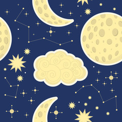 Fototapeta premium Night sky pattern kids. Moon, star, clouds.