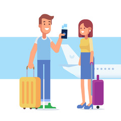 People traveling design. Happy couple travel together. Smiling man holding passport ready for vacation travel at the airport. Flat Vector illustration. Character design.