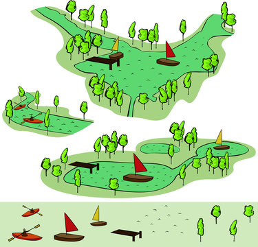 Set cartoon holidays boats on water