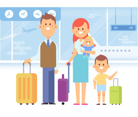 Happy Family travel together. Parents with children at the airport. Flat Vector illustration.  Character design.