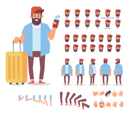 Bearded guy with tickets and luggage. Traveler man. Front, side, back, 3/4 view animated character. Separate parts of body. Cartoon style, flat vector illustration.