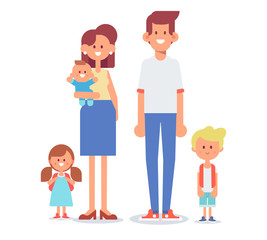 Happy family together mom, dad, kids. Vector set of characters in a flat style good for animation. Cartoon style.