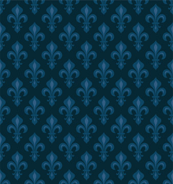 Royal Heraldic Lilies (Fleur-de-lis) — dark blue velvet, seamless pattern, wallpaper background.