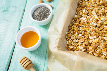 home made granola on turquoise surface