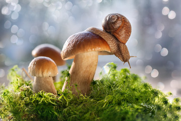 Белые грибы растут на зеленом лесном  мху. © elenagrigorieva