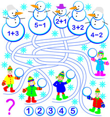 Obraz na płótnie Canvas Educational page with exercises for children on addition and subtraction. Who made every snowman? Solve examples and write the numbers. Vector image.