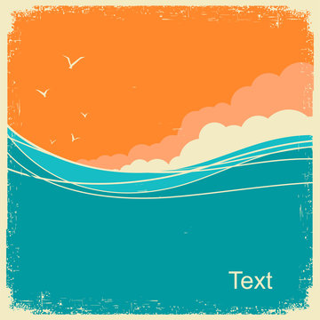 Vintage Seascape on old paper background for text. Ocean waves