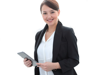 closeup of a successful young business woman with tablet computer