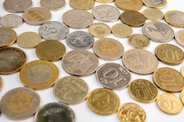 Coins top view. Money from multiple countries