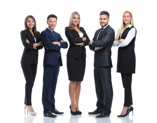 Full-length portrait of group of business people, isolated on white.