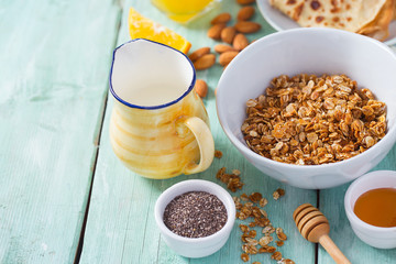 breakfast with home made granola and pancakes on turquoise surface