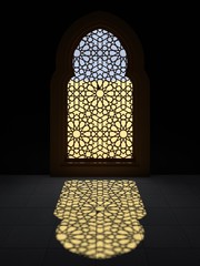Islamic interior design of the mosque. Islamic window with traditional pattern. Background greeting cards Ramadan Kareem. 3D rendering.