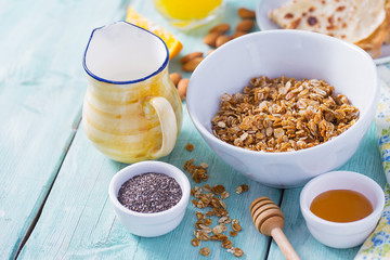 breakfast with home made granola and pancakes on turquoise surface