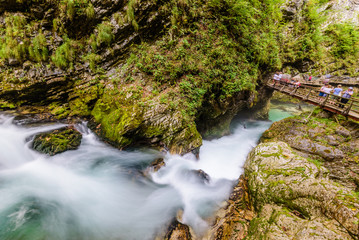 The famous Vintgar gorge Canyon with wooden pats in the natural Park Triglav., Slovenia