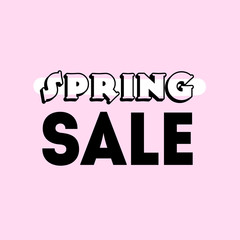 Spring sale illustration card banner with black lettering and white elements on light pink background. 