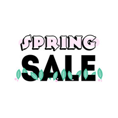 Spring sale illustration card banner with black lettering, green leaves and pink elements on white background.