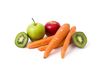 Fruits on a white background. Lemon with apples and kiwi on white background. Kiwi with lemon on a white background. Carrots with fruits on a white background.