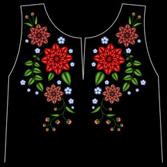 Embroidery ethnic flowers neck line flower design graphics fashion wearing