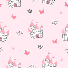 Seamless princess pattern with castle and butterflies. © Afanasia