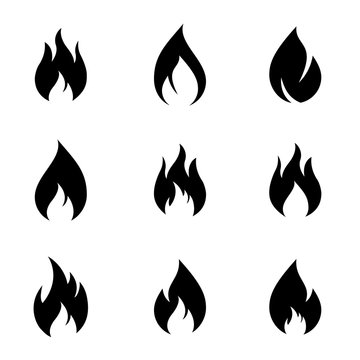 Fire flames, set of graphic design elements, conceptual collection fire and flames icons