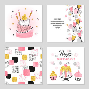 Happy Birthday cards set in pink and golden colors. Celebration vector illustrations with birthday cake and champagne glasses.
