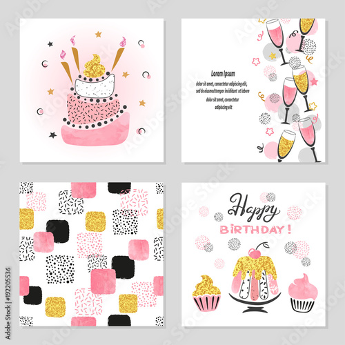 Happy Birthday Cards Set In Pink And Golden Colors Celebration