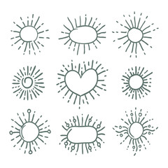 Set of linear drawing of rays of the sun in vintage style. Oval elements, round stickers sunbursts. Graphic illustration for web design