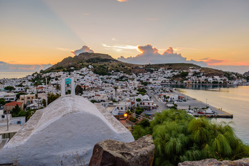 Beautiful sunset view of Skala village in Patmos island, Dodecanese, Greece