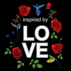 Embroidery poppies flowers. Patch for women's, girls' T-shirts. Vector illustration. Graphic tee