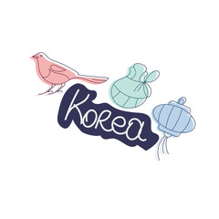 Vector illustration for Korea culture promotion: Korean Lunar New Year Magpie, Korean Paper Lantern and Seollal Fortune Pocket or Lucky bag. Typography text: Korea.