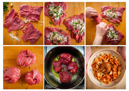 Making stuffed meat roll called braciola typical of Apulia region, Italy