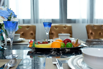 Romantic dinner setting. Formal dinner service at a wedding banquet