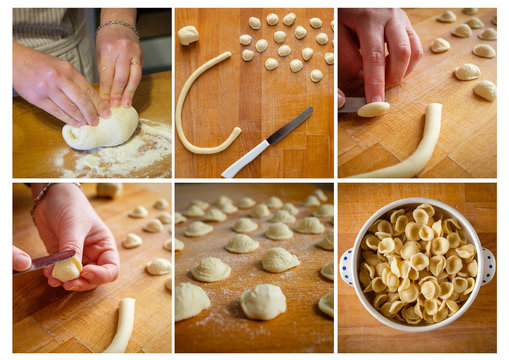 Making typical Apulia region fresh pasta called orecchietta made of durum wheat semolina