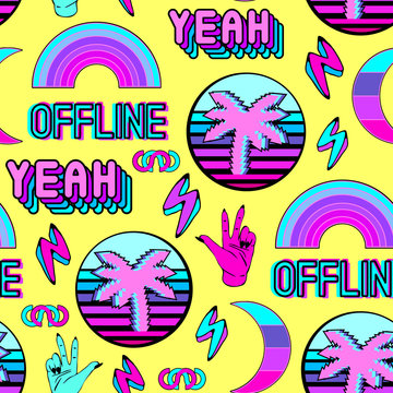 Vaporwave seamless pattern with patches, stickers, badges, pins with palms, words "yeah", "offline", rainbows, etc. Yellow background.