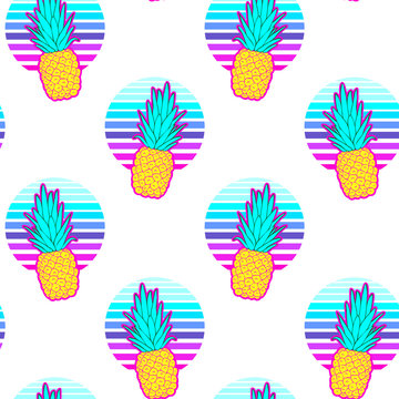 Pineapples seamless pattern on an abstract geometrical background. Vaporware style vector illustration. White background.