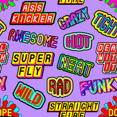 Seamless pattern with slang words and phrases: dope, straight fire, funky, deal with it, crazy, awesome, etc. Patches, badges, pins, stickers in 80s cartoon comic style. Purple background.