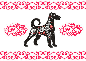 Chinese new year poster with stylized dog and national pattern. Vector illustration.