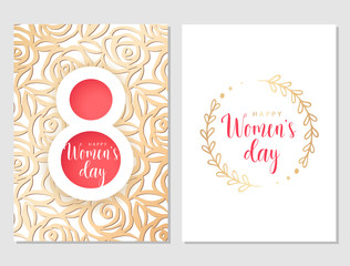 Floral gold set of greeting cards for 8 March. International Women's day. Pattern with roses. Paper cut gold design and red 8. Gold floral branch and pink text.Vector illustration. 8 March collection.