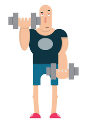 a male weightlifter lifts a heavy dumbbell,the guy lifts the barbell,cartoon character, vector image, flat design