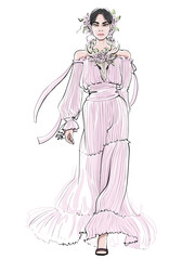 Smiling woman in pink evening dress wiyh deers scull. Fashion vector illustration.