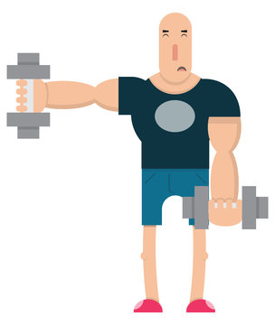 a male weightlifter lifts a heavy dumbbell,the guy lifts the barbell,cartoon character, vector image, flat design