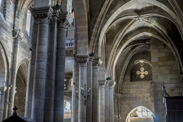 Medieval Gothic architecture inside a cathedral in Spain. Stones and beautiful ashlars forming a dome