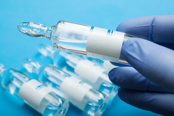 Closes up, glass ampoules with liquid medicine.