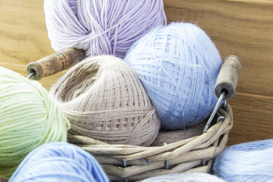 Yarn for knitting. Balls of yarn in a basket.